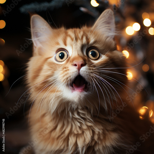 a scared kitten on a Christmas tree