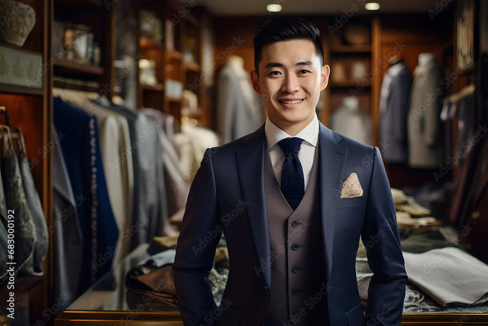 Fototapeta premium A male dressmaker tailor standing with bight smile. Perfect design. business dress code. Handmade. retro and modern tailoring workshop. suit store and fashion showroom. sewing mechanization.