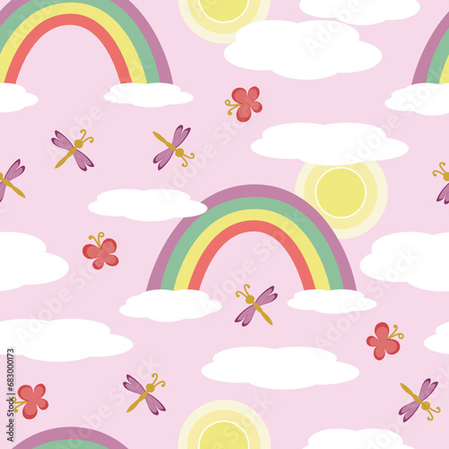Seamless pattern of rainbow and sun in the sky in the clouds with butterflies and dragonflies. Fairytale children's lilac background, vector cartoon illustration for wallpaper, packaging, textile