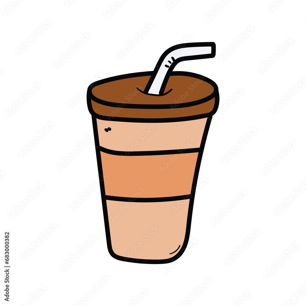 Hand-drawn cartoon doodle paper cup of coffee with a straw on a white background.