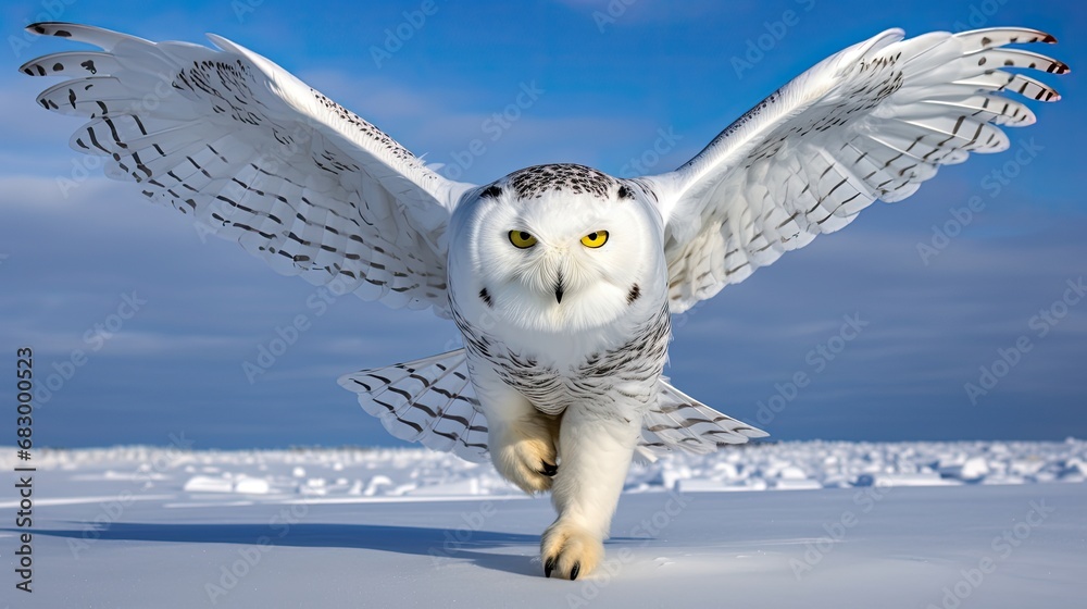 Photo & Art Print A snowy owl gracefully gliding over a frozen 