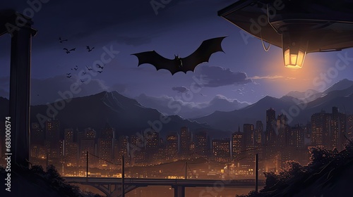 A bat in mid-flight capturing an insect in the glow of a streetlamp in an urban environment © MAY