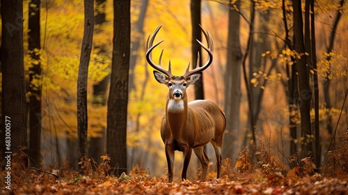 A buck with a magnificent rack of antlers framed against the backdrop of a golden autumn forest