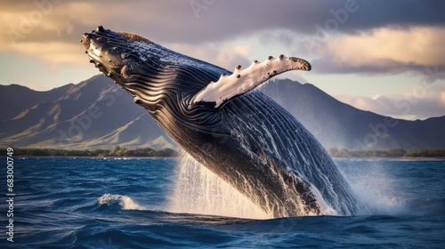 A magnificent humpback whale breaching the surface of a deep blue ocean © MAY