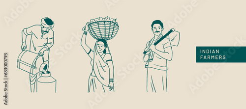Farmer's Day, Indian people, farmers working on farms, hand-drawn Vector illustrations of men and women posing 