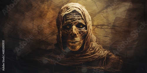 Creepy mummy in the egypt, a body of a human being or animal that has been ceremonially preserved by removal of the internal organs, treatment with natron and resin, and wrapping in bandages