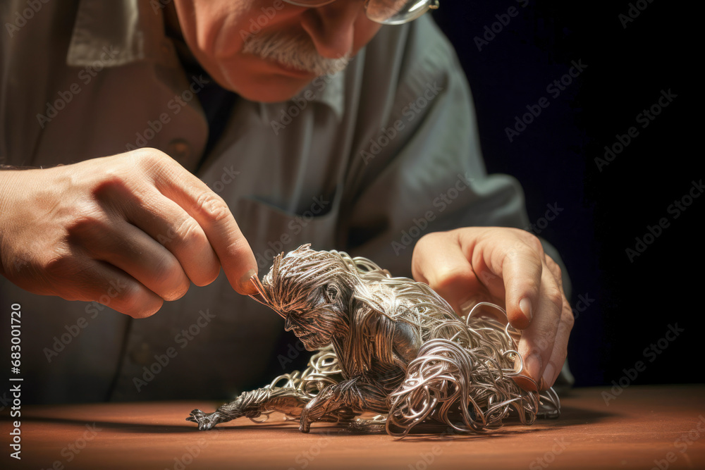 An artist using pliers to shape wire sculptures. An artist using pliers to shape wire sculptures.