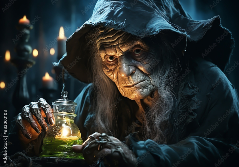Portrait of an old witch with an evil look preparing magic potions. AI generated