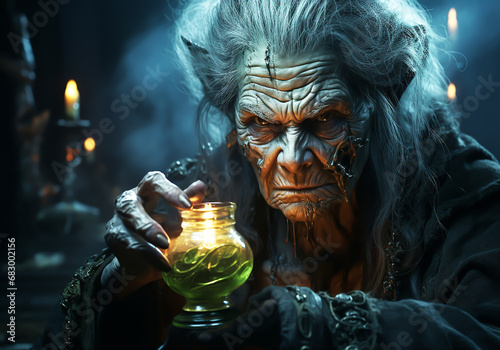 Portrait of an old witch with an evil look preparing magic potions. AI generated photo