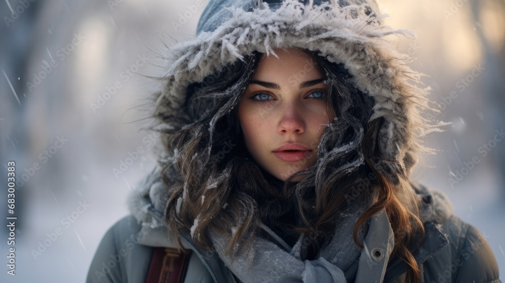Woman in a parka hat and scarf frozen from the cold Woman in a parka hat and scarf frozen from the cold