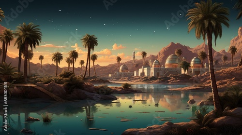 Oasis a fertile spot in a desert, where water is found with palm trees, nature concept