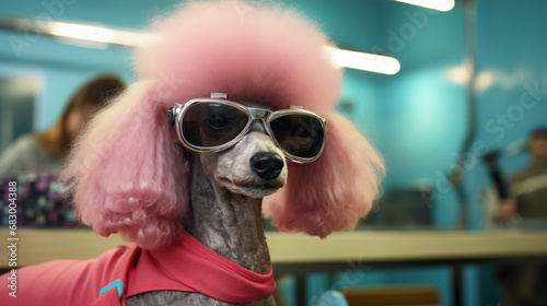 A pink poodle dog getting a stylish haircut at a doggy salon photo