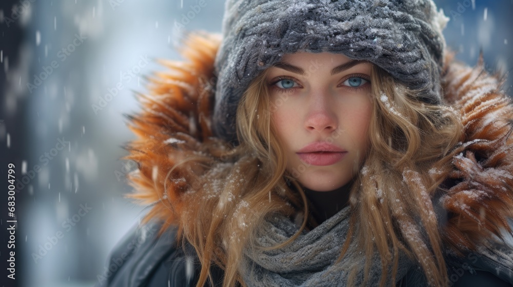 Woman in a parka hat and scarf frozen from the cold