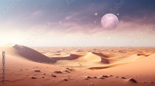  a desert scene with a pink moon in the sky and a few footprints in the sand in the foreground.