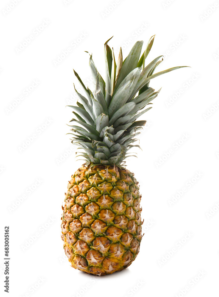 Fresh whole pineapple with green leaves on white background Fresh whole pineapple with green leaves on white background