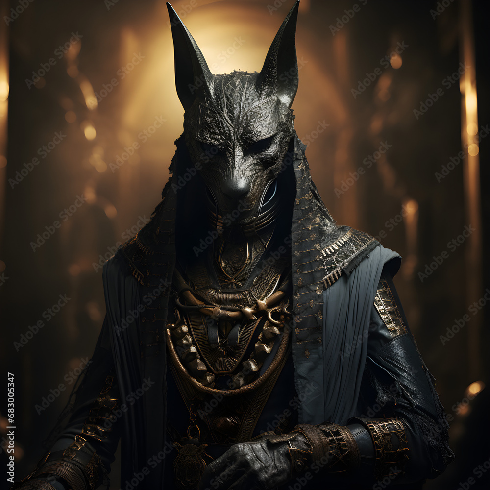 Anubis, the ancient Egyptian god of death and the world of the dead, is a fantastical character from Egypt, - obrazy, fototapety, plakaty 