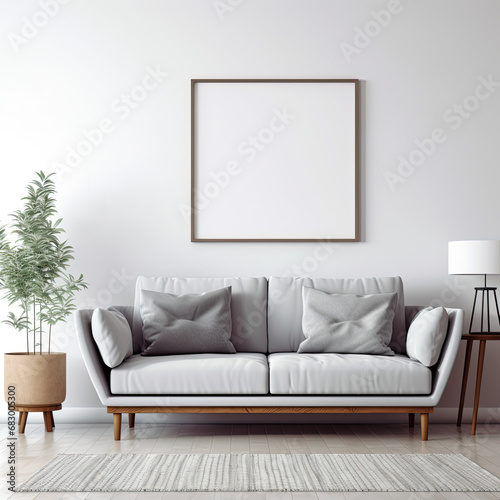 Grey sofa near white wall with blank mock up poster frame with copy space. Mid-century style home interior design of modern living room. 