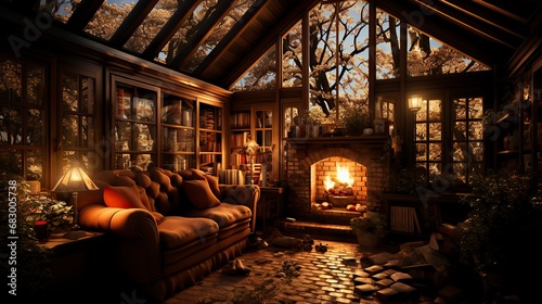 A winter morning in a cozy cabin with sunlight streaming ,Winter Landscape,Panaromic Image © CREATIVE STOCK