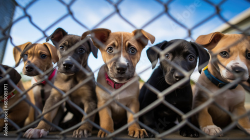 Group of adorable puppies with varying coat colors, looking through a chain-link fence, appearing curious and expectant.