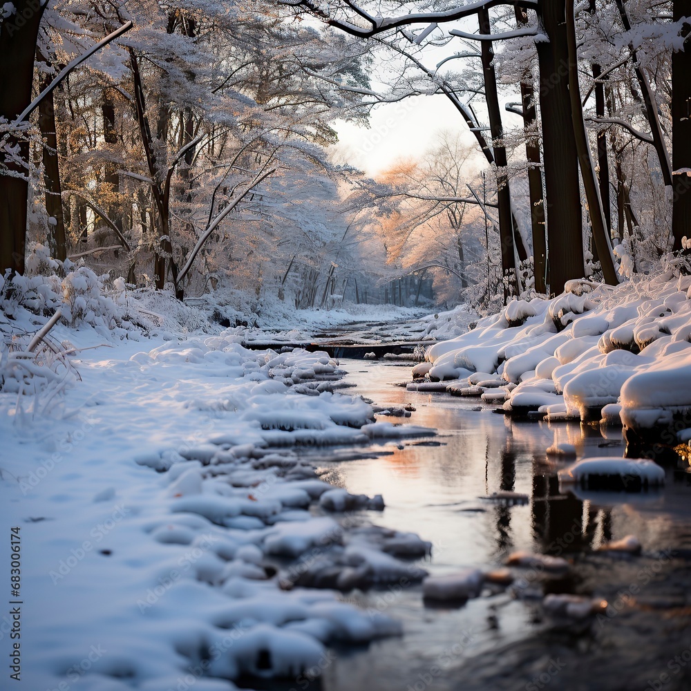 Fototapeta premium A winter morning in a forest with sunlight filtering throu ,Winter Landscape,Panaromic Image