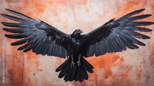  a large black bird with its wings spread out in front of a red and orange background with a black bird with its wings spread out.
