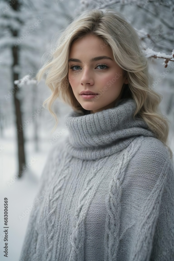 Portrait of a girl in winter in a warm woolen pullover in gray. woolen izvelia Portrait of a girl in winter in a warm woolen pullover in gray. woolen izvelia