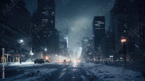 Snow storm in the city photo