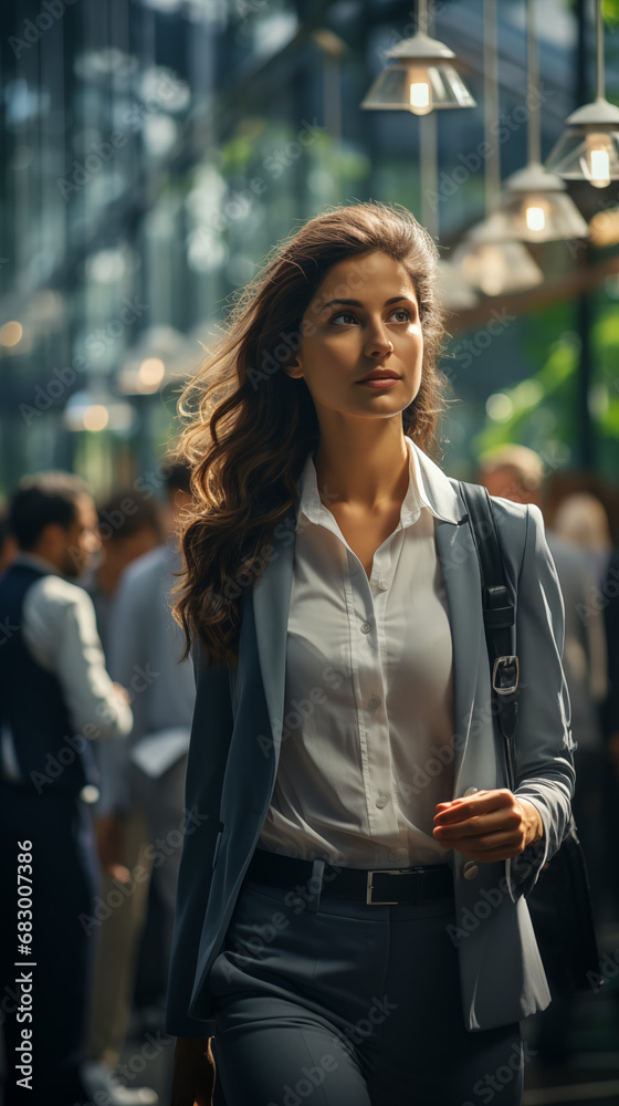 Confident businesswoman walks through a bright office space, her gaze fixed forward, amidst a crowd