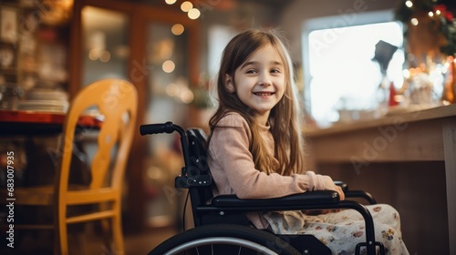 Happy young girl with disability sitting in wheelchair at home