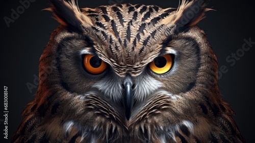  a close up of an owl's face with an orange - eyed look on it's face, with a black background. photo