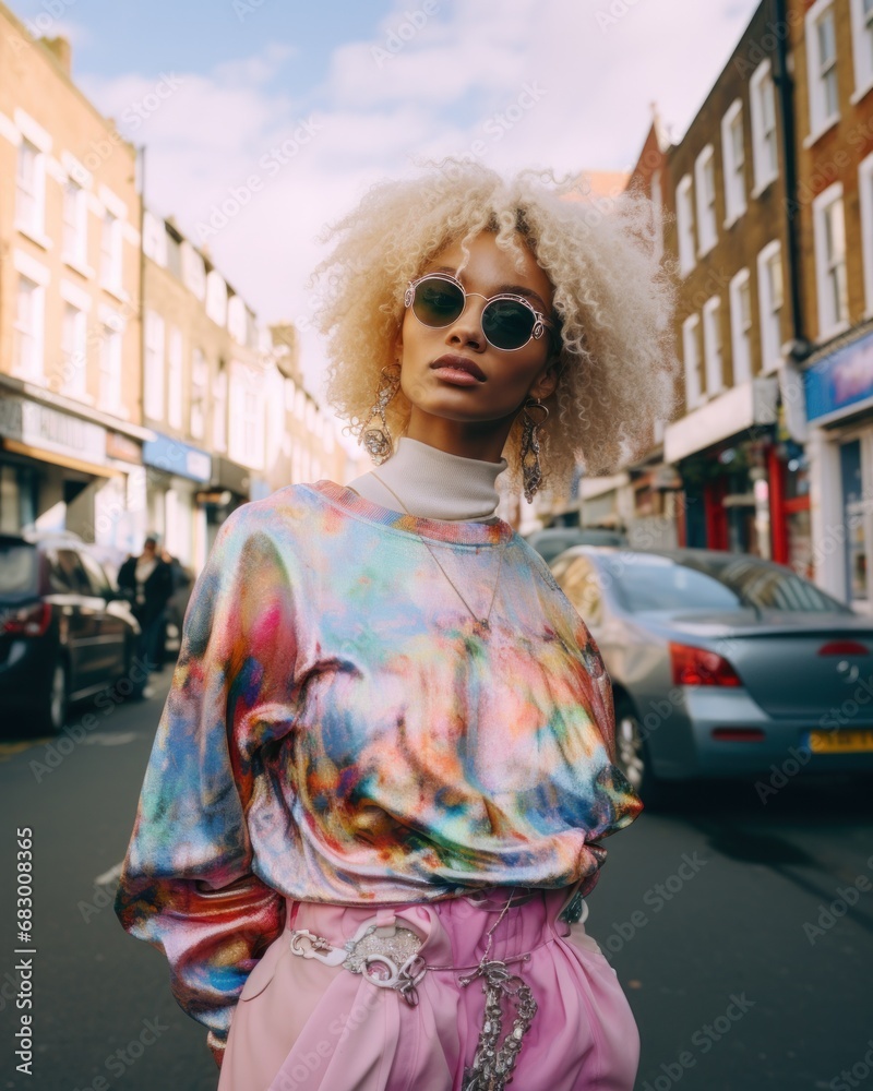 Fashion forward young woman sporting sunglasses and a colorful top against an urban backdrop