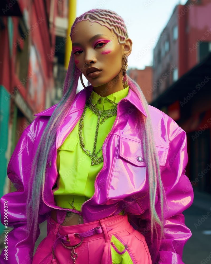 Bold and eye-catching portrait of a fashion-forward individual in a neon pink and green ensemble