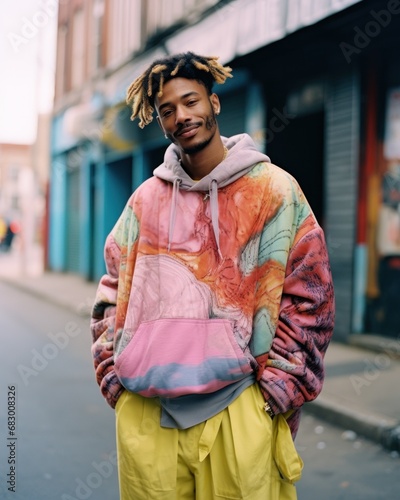 Casual young man wearing a tie-dye hoodie and pants posing on an urban street photo