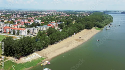 Sandy beach on riverbank of Sava in Sremska Mitrovica, Serbia aerial view photo