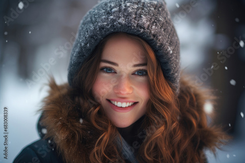 Smiling woman in the winter forest