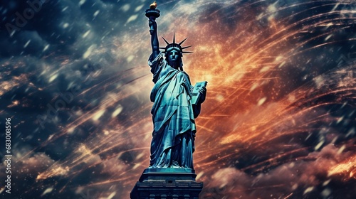 Statue of Liberty in New York City, United States of America. Independence Day. July 4 Concept. Patriotism Concept. USA Flag.
