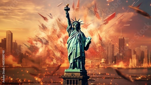 Statue of Liberty with fireworks in New York City, USA. Independence Day. July 4 Concept. Patriotism Concept. USA Flag.