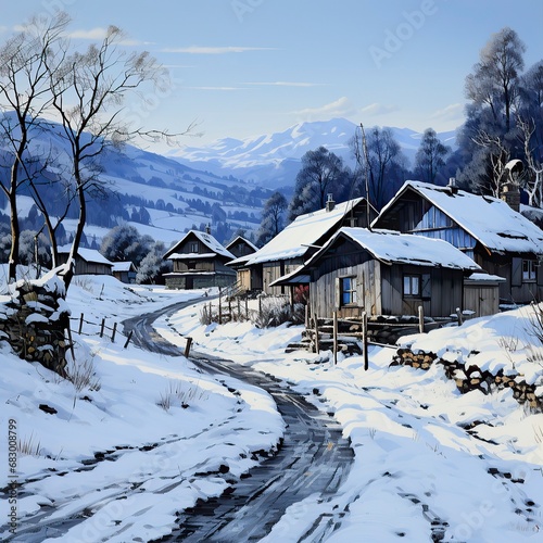 A winter morning in a small town with snow-covered roofs ,Winter Landscape,Panaromic Image