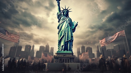 Statue of Liberty and skyline. Independence Day. July 4 Concept. Patriotism Concept. USA Flag. photo