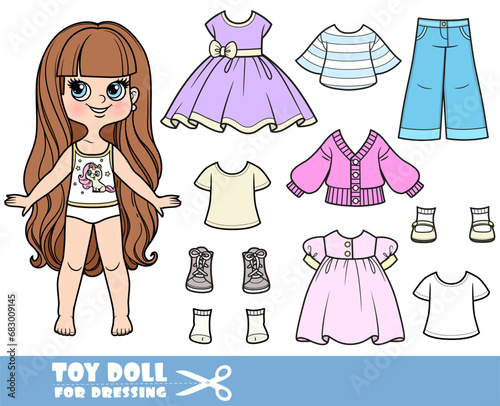 Cartoon long haired brunette girl and clothes separately - dresses, long sleeve, shirt, jeans and sneakers doll for dressing