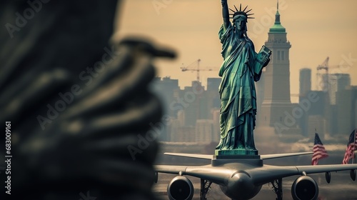 Statue of Liberty and airplane in USA. Independence Day. July 4 Concept. Patriotism Concept. USA Flag. photo
