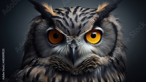  a close up of an owl's face with an orange - eyed owl's head in the background. photo