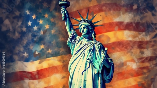 Statue of Liberty on the background of the American flag. Independence Day. July 4 Concept. Patriotism Concept. USA Flag.