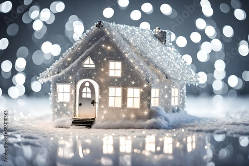silver glittery small house illuminated by Christmas lights