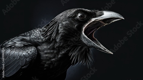  a black raven with its mouth open and its beak wide open, set against a dark background Its feathers are glossy and its eyes are focused intently on something in t