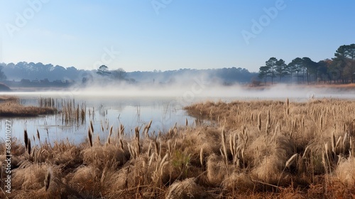 A winter morning view of a frozen lake with ducks swimming ,Winter Landscape,Panaromic Image