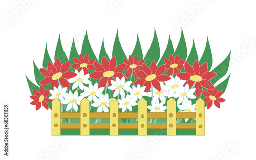 Vector cartoon illustration, design element - flower bed with blooming red and white daisies and daisies, front garden with wooden low fence