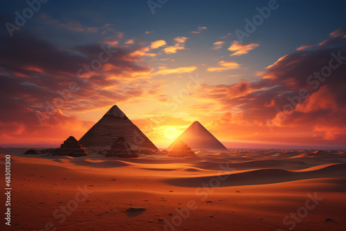 Two fictional Egyptian pyramids in the desert at sunset 