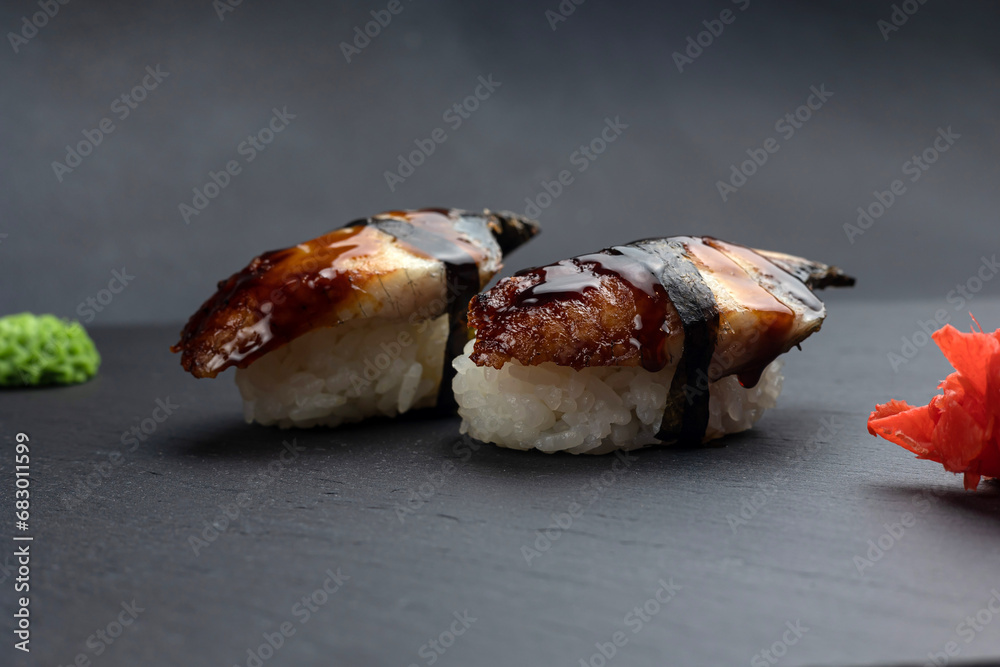 Japanese cuisine. Delicious sushi with eel
Japanese cuisine. Delicious sushi with eel
