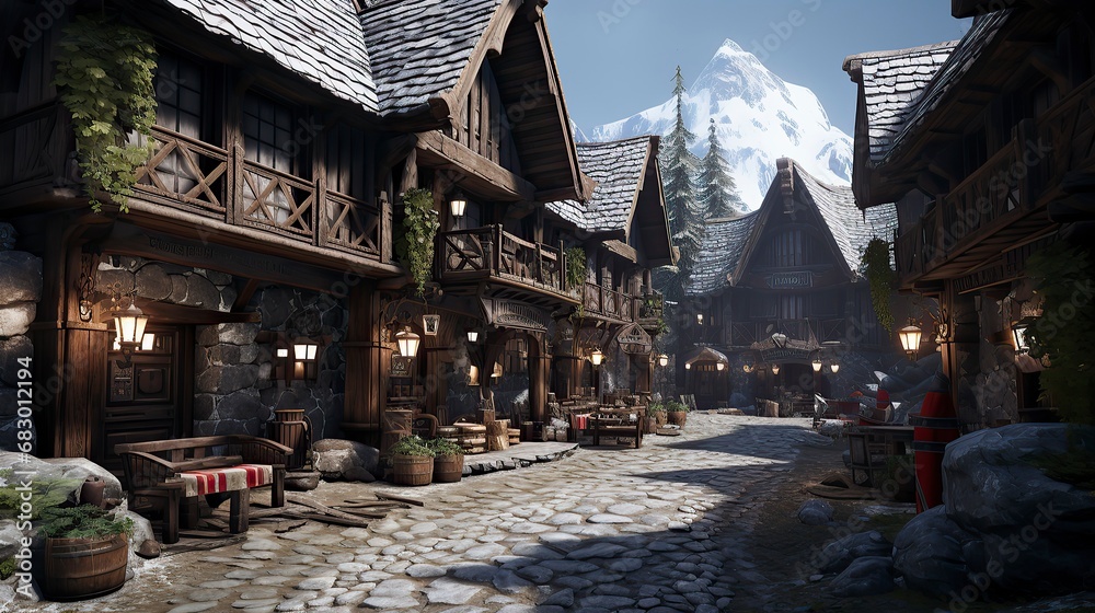 A winter village with snow-covered roofs and cozy lights ,Winter Landscape,Panaromic Image
